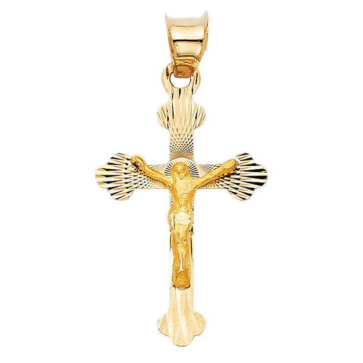 14K Gold Religious Crucifix Stamp Charm Pendant with 0.8mm Box Chain Necklace