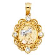 14K Gold CZ Baptism Charm Pendant with 0.9mm Wheat Chain Necklace