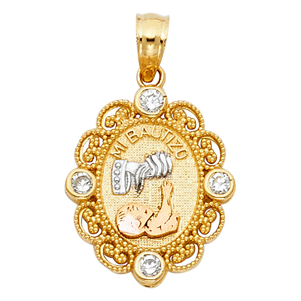 14K Gold CZ Baptism Charm Pendant with 0.9mm Wheat Chain Necklace