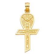 14K Gold Baptism Cross Charm Pendant with 0.9mm Wheat Chain Necklace