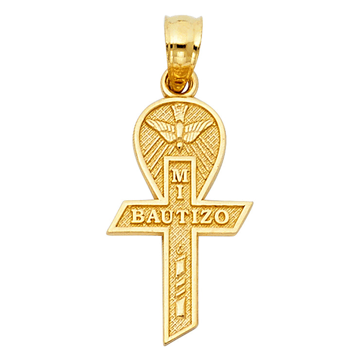 14K Gold Baptism Cross Charm Pendant with 0.9mm Wheat Chain Necklace