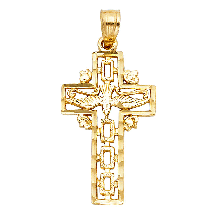 14K Gold Cross with Holy Spirit Dove Charm Pendant with 0.9mm Wheat Chain Necklace