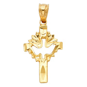 14K Gold Cross with Holy Spirit Dove Charm Pendant with 1.1mm Wheat Chain Necklace
