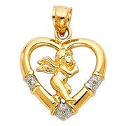 14K Gold CZ Angel Charm Pendant with 1.1mm Wheat Chain Necklace