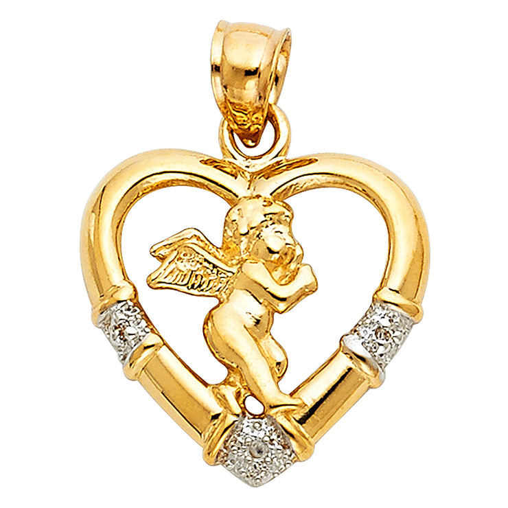 14K Gold CZ Angel Charm Pendant with 1.1mm Wheat Chain Necklace