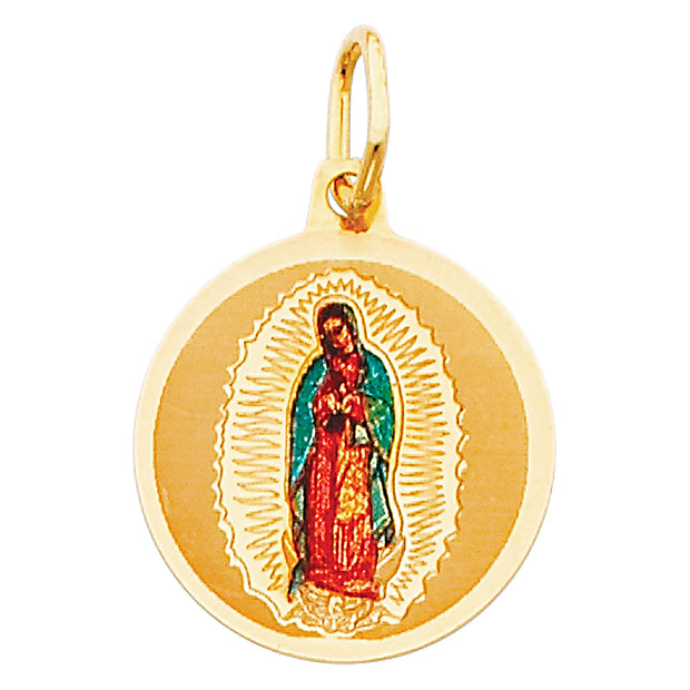 14K Gold Guadalupe Enamel Pendant with 1.2mm Flat Open Wheat Chain