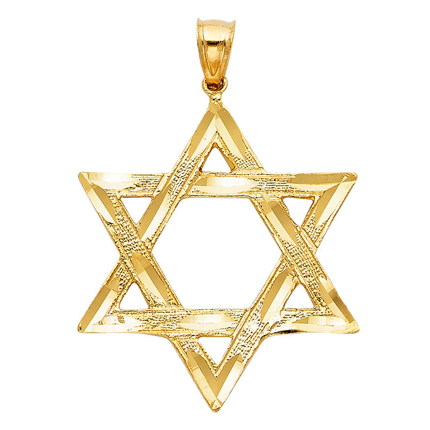 14K Gold Star of David Charm Pendant with 1.4mm Round Wheat Chain Necklace