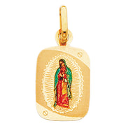 14K Gold Guadalupe Enamel Pendant with 1.2mm Flat Open Wheat Chain