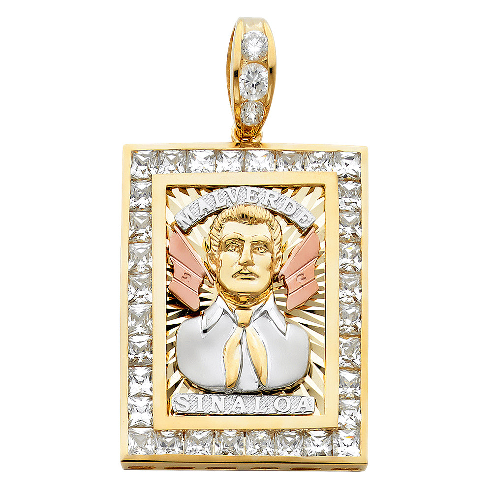 14K Gold CZ Malverde Sinaloa Charm Pendant Ioka Jewelry