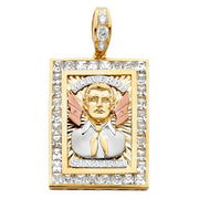 14K Gold CZ Malverde Sinaloa Charm Pendant with 4.9mm Hollow Cuban Chain Necklace