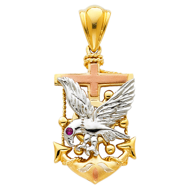 14K Gold Eagle Anchor Charm Pendant with 4.9mm Hollow Cuban Chain Necklace