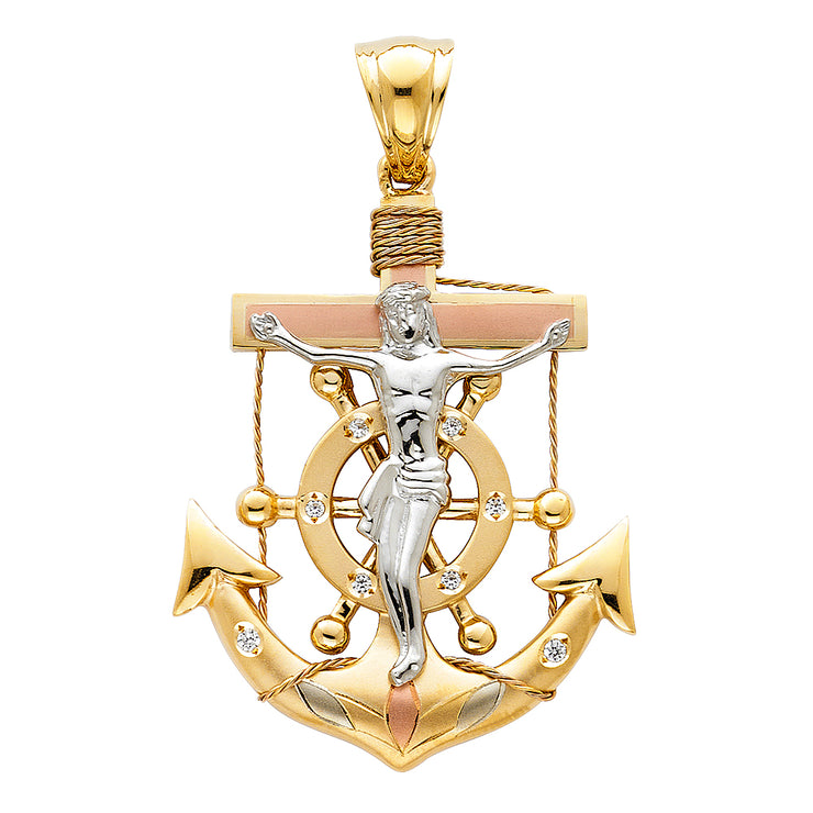 14K Gold Crucifix Anchor Charm Pendant with 4.9mm Hollow Cuban Chain Necklace