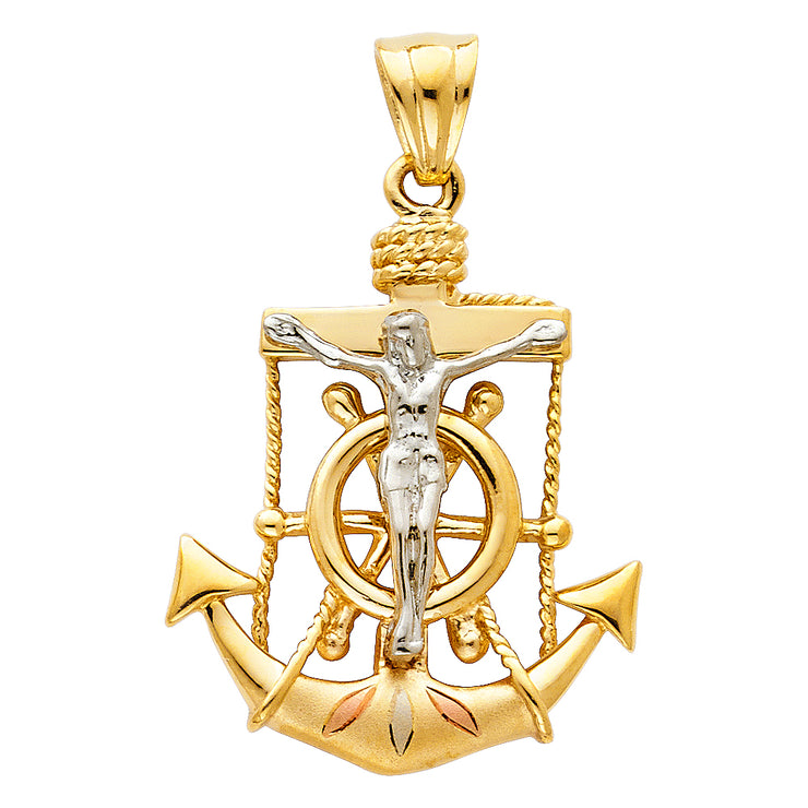 14K Gold Religious Crucifix Anchor Charm Pendant with 1.2mm Box Chain Necklace