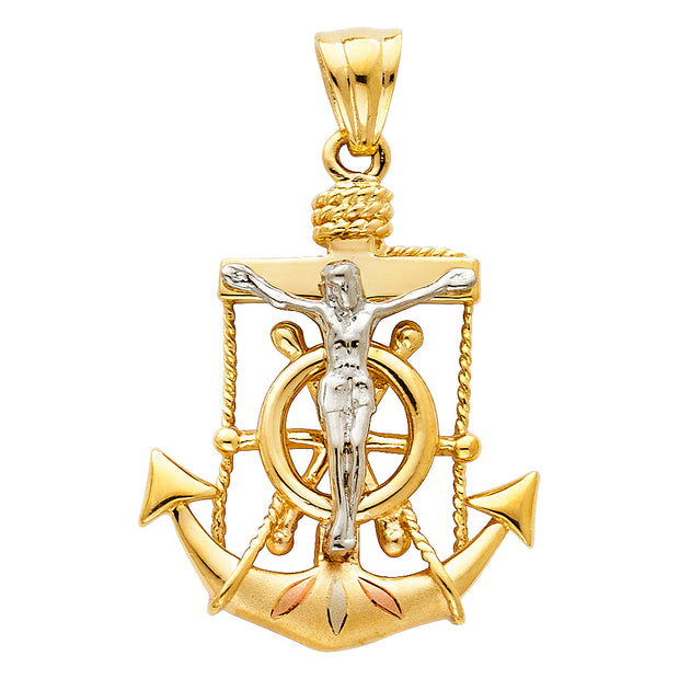 14K Gold Crucifix Anchor Charm Pendant with 4.9mm Hollow Cuban Chain Necklace