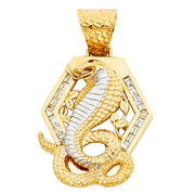 14K Gold CZ Viper Snake Charm Pendant with 2mm Flat Open Wheat Chain Necklace