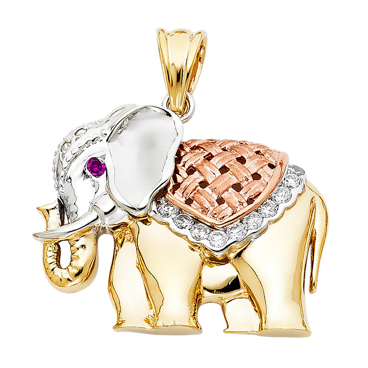 14K Gold CZ Elephant Charm Pendant with 1.2mm Box Chain Necklace