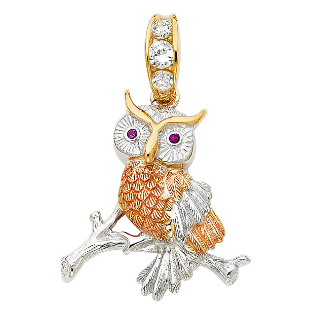 14K Gold CZ Owl Charm Pendant with 3.8mm Figaro 3+1 Chain Necklace