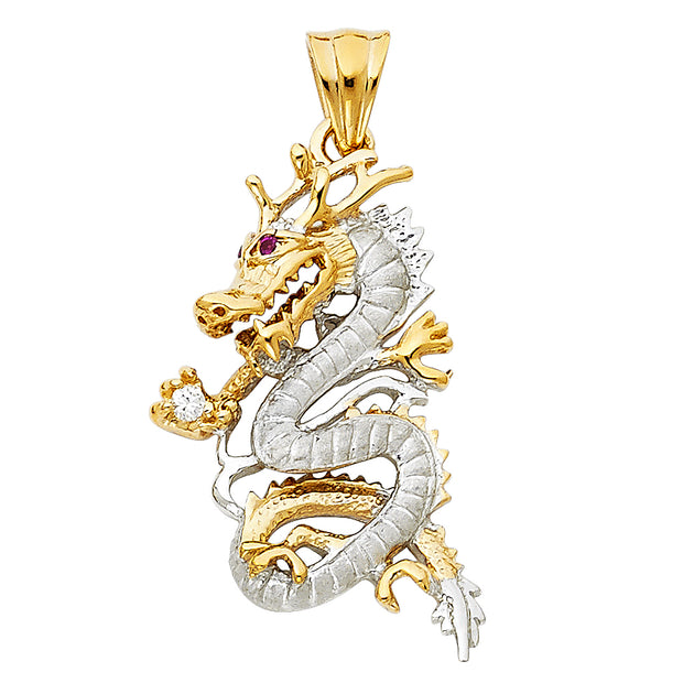 14K Gold CZ Dragon Charm Pendant with 2mm Flat Open Wheat Chain Necklace