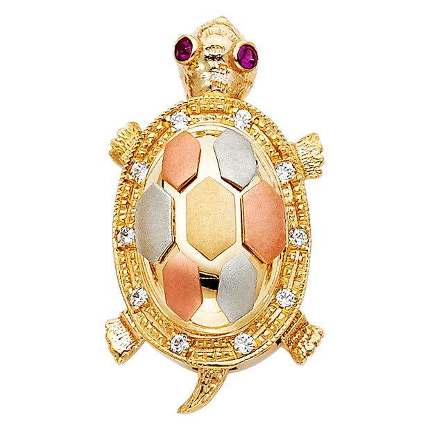 14K Gold CZ Turtle Charm Pendant with 1.2mm Box Chain Necklace