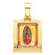 14K Gold Guadalupe Enamel Pendant with 1.2mm Flat Open Wheat Chain