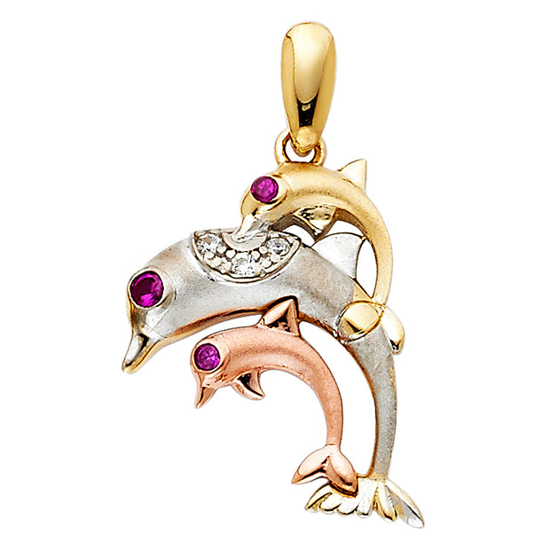 14K Gold CZ Dolphin Charm Pendant with 1.5mm Flat Open Wheat Chain Necklace