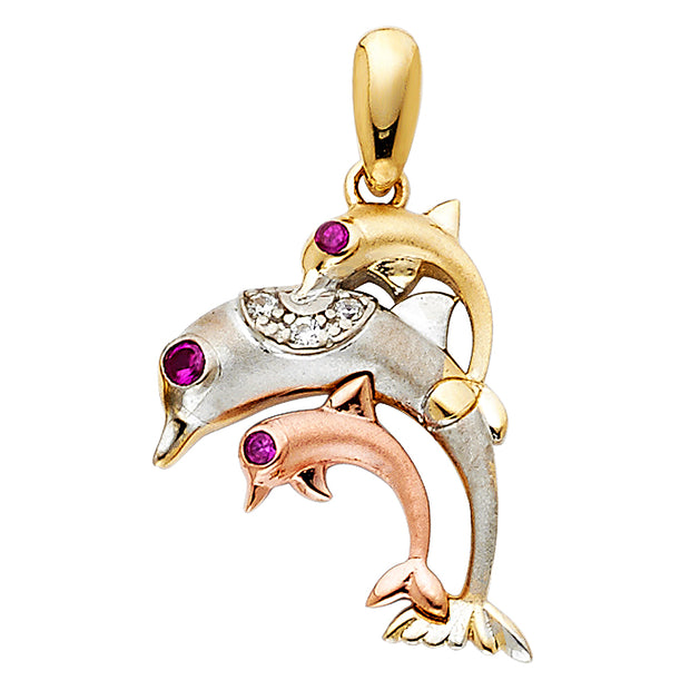 14K Gold CZ Dolphin Charm Pendant with 2.3mm Figaro 3+1 Chain Necklace