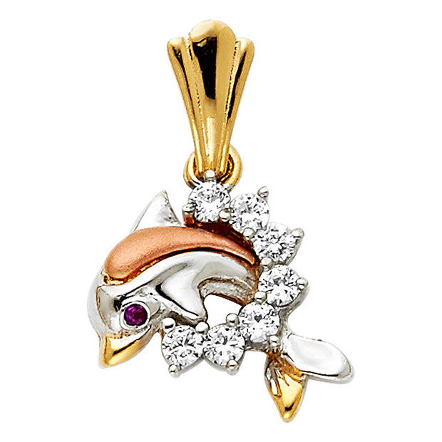 14K Gold CZ Dolphin Charm Pendant with 1.5mm Flat Open Wheat Chain Necklace