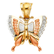 14K Gold CZ Butterfly Charm Pendant with 3.3mm Valentino Star Diamond Cut Chain Necklace