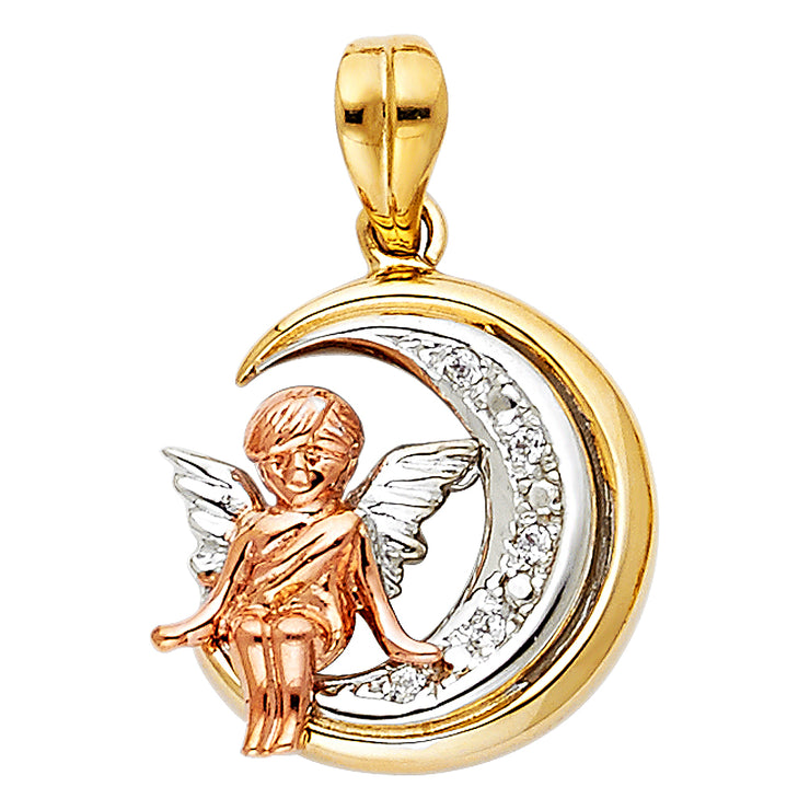 14K Gold CZ Angel Charm Pendant with 3.1mm Figaro 3+1 Chain Necklace