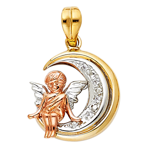 14K Gold CZ Angel Charm Pendant with 3.4mm Hollow Cuban Chain Necklace