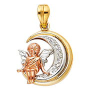 14K Gold CZ Angel Charm Pendant with 3.3mm Valentino Star Diamond Cut Chain Necklace
