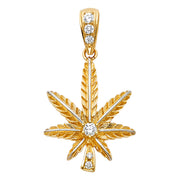 14K Gold CZ Marijuana Leaf Charm Pendant with 2mm Flat Open Wheat Chain Necklace