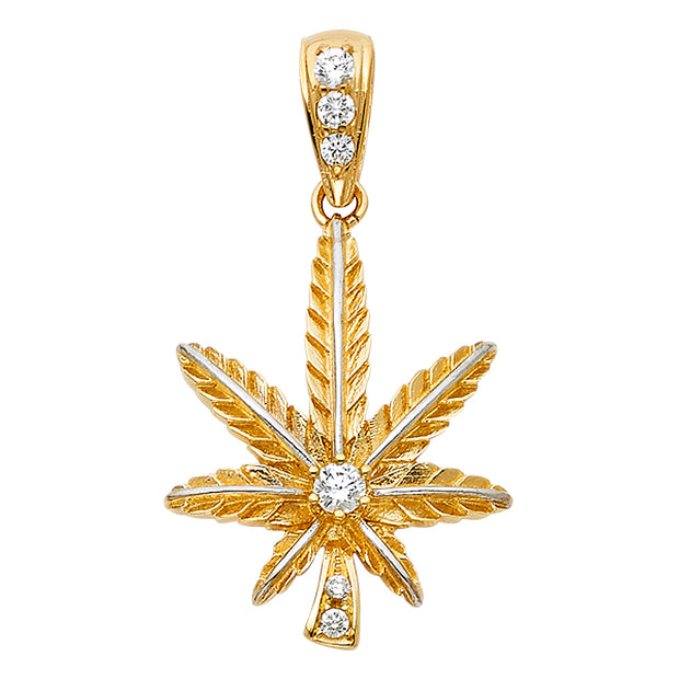14K Gold CZ Marijuana Leaf Charm Pendant with 3.8mm Figaro 3+1 Chain Necklace