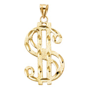 14K Gold Dollar Sign Charm Pendant with 2mm Flat Open Wheat Chain Necklace