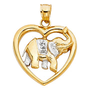 14K Gold Elephant Heart Charm Pendant with 2mm Flat Open Wheat Chain Necklace