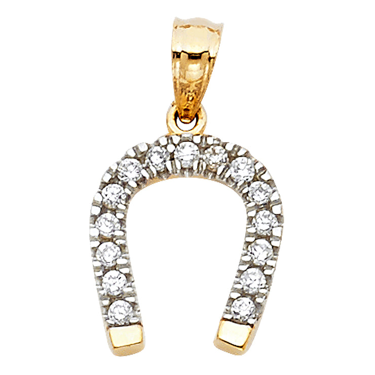 14K Gold CZ Lucky Horseshoe Charm Pendant with 0.8mm Box Chain Necklace