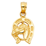 14K Gold Lucky Horseshoe Charm Pendant with 1.5mm Flat Open Wheat Chain Necklace