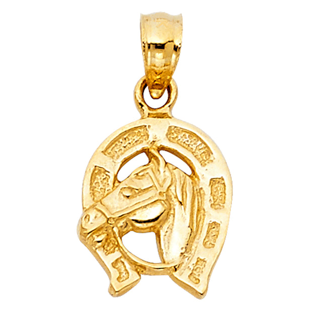 14K Gold Lucky Horseshoe Charm Pendant with 1.5mm Flat Open Wheat Chain Necklace