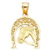 14K Gold Lucky Horseshoe Charm Pendant with 1.7mm Flat Open Wheat Chain Necklace