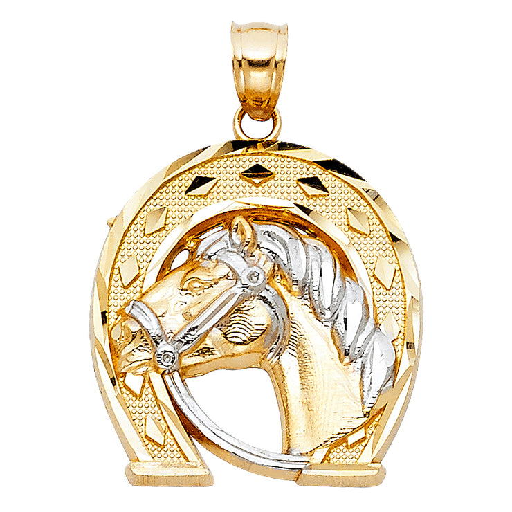 14K Gold Lucky Horseshoe Charm Pendant with 3.1mm Figaro 3+1 Chain Necklace