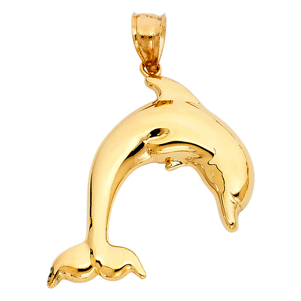 14K Gold Dolphin Charm Pendant with 1.7mm Flat Open Wheat Chain Necklace