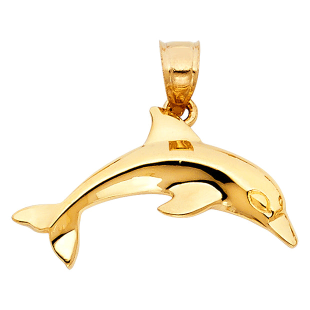 14K Gold Dolphin Charm Pendant with 1.7mm Flat Open Wheat Chain Necklace