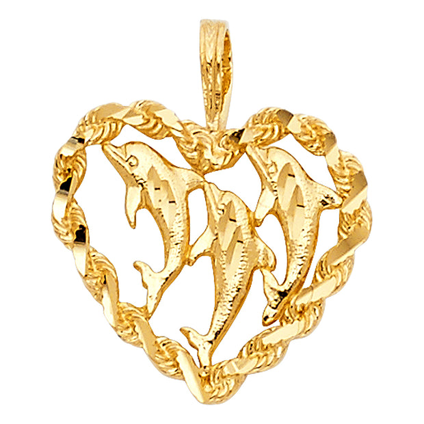 14K Gold Heart with Dolphin Charm Pendant with 1.7mm Flat Open Wheat Chain Necklace