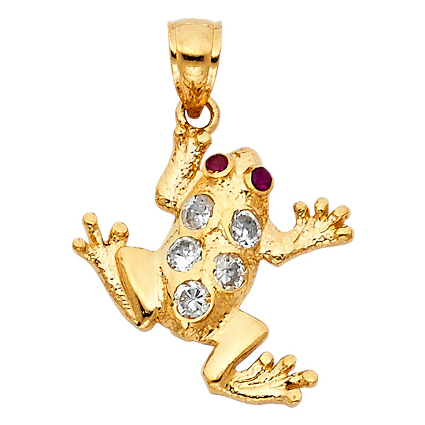 14K Gold CZ Frog Charm Pendant with 1.7mm Flat Open Wheat Chain Necklace
