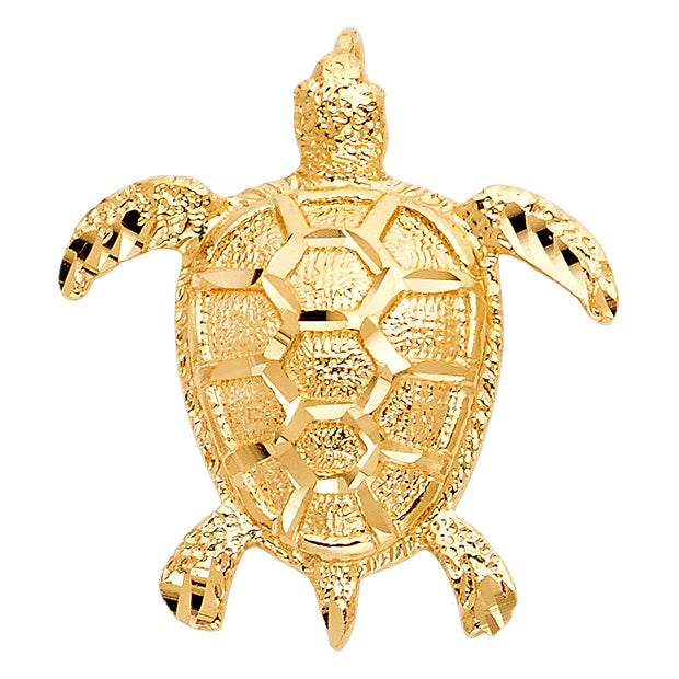 14K Gold Turtle Charm Pendant with 1.7mm Flat Open Wheat Chain Necklace