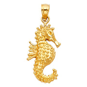 14K Gold Sea Horse Charm Pendant with 1.5mm Flat Open Wheat Chain Necklace