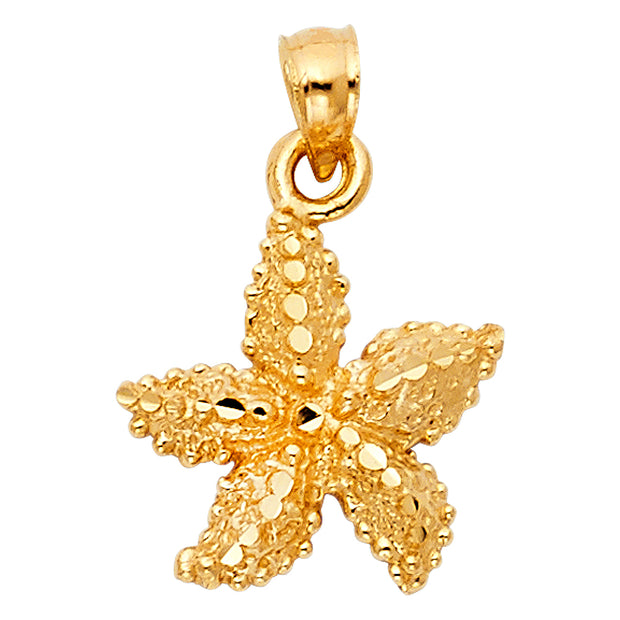 14K Gold Starfish Charm Pendant with 1.5mm Flat Open Wheat Chain Necklace