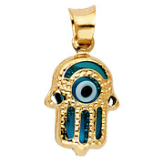 14K Gold Evil Eye Hamsa Charm Pendant with 1.2mm Flat Open Wheat Chain Necklace