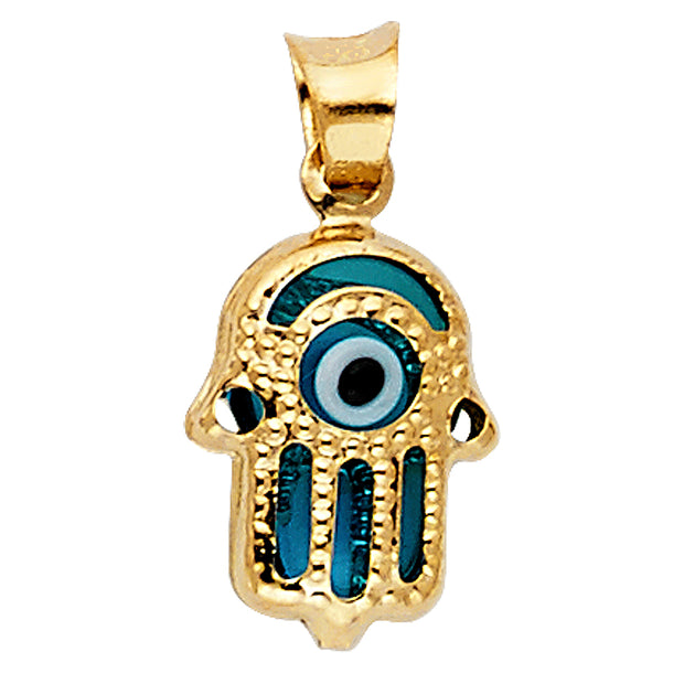 14K Gold Evil Eye Hamsa Charm Pendant with 1.6mm Figaro 3+1 Chain Necklace