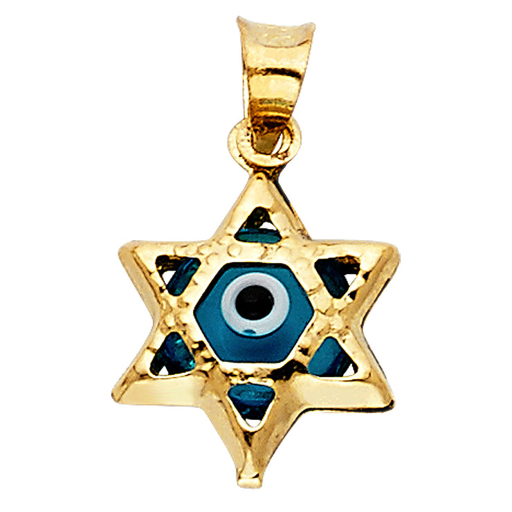 14K Gold Evil Eye Star Charm Pendant with 0.9mm Singapore Chain Necklace